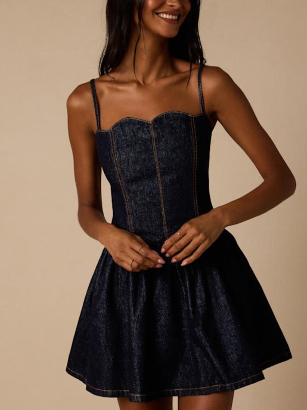 Lulus Phoenix Dark Wash Basque Waist Mini Dress Blue - Size XS